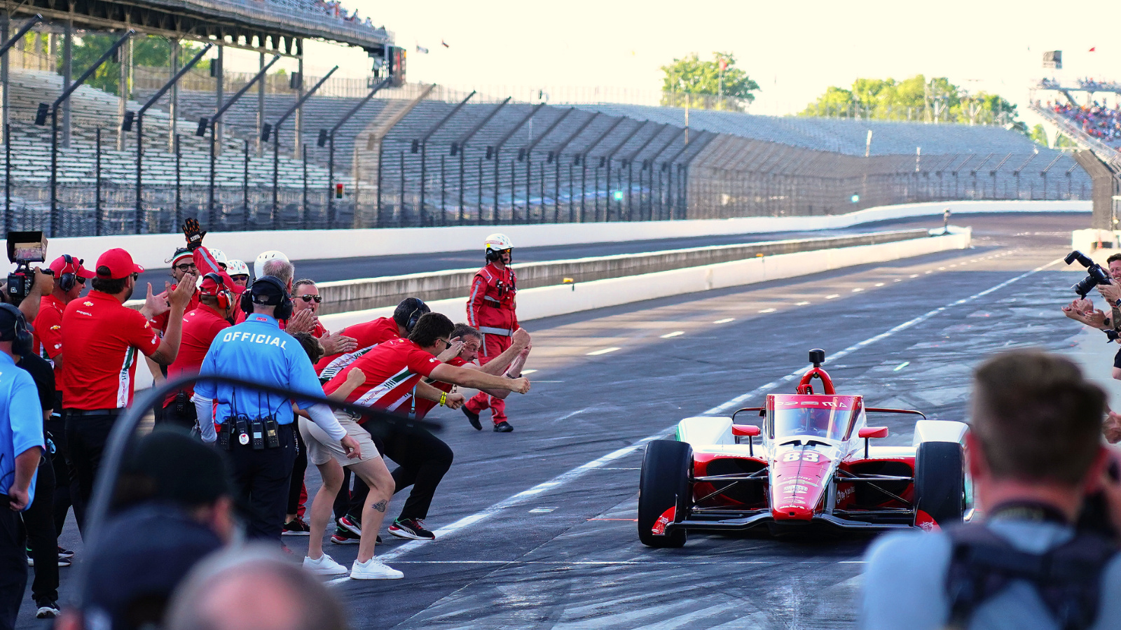 Shwartzman pulls into the pits his PREMA team celebrates pole. Photo: Kevin Dejewski