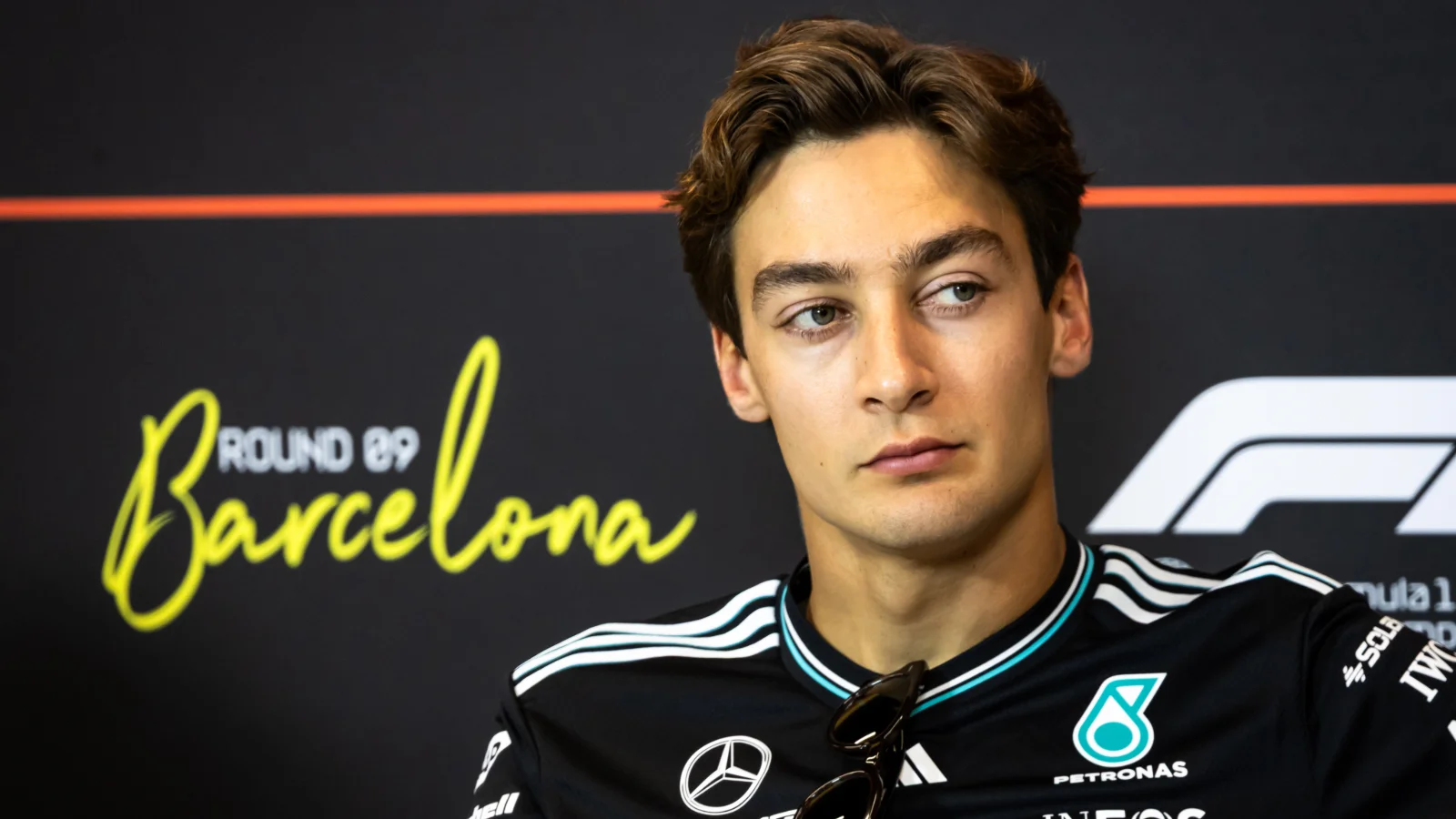 George Russell (GBR) Mercedes AMG F1 in the FIA Press Conference. 29.05.2025. Formula 1 World Championship, Rd 9, Spanish Grand Prix, Barcelona, Spain, Preparation Day