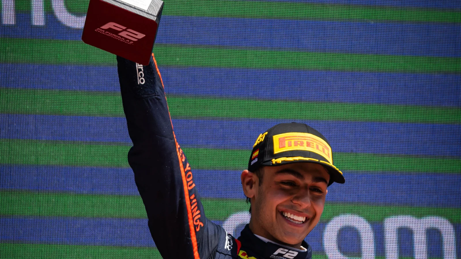 Race winner Arvid Lindblad (GBR) Campos Racing celebrates on the podium. 01.06.2025. FIA Formula 2 Championship, Rd 6, Feature Race, Barcelona, Spain, Sunday