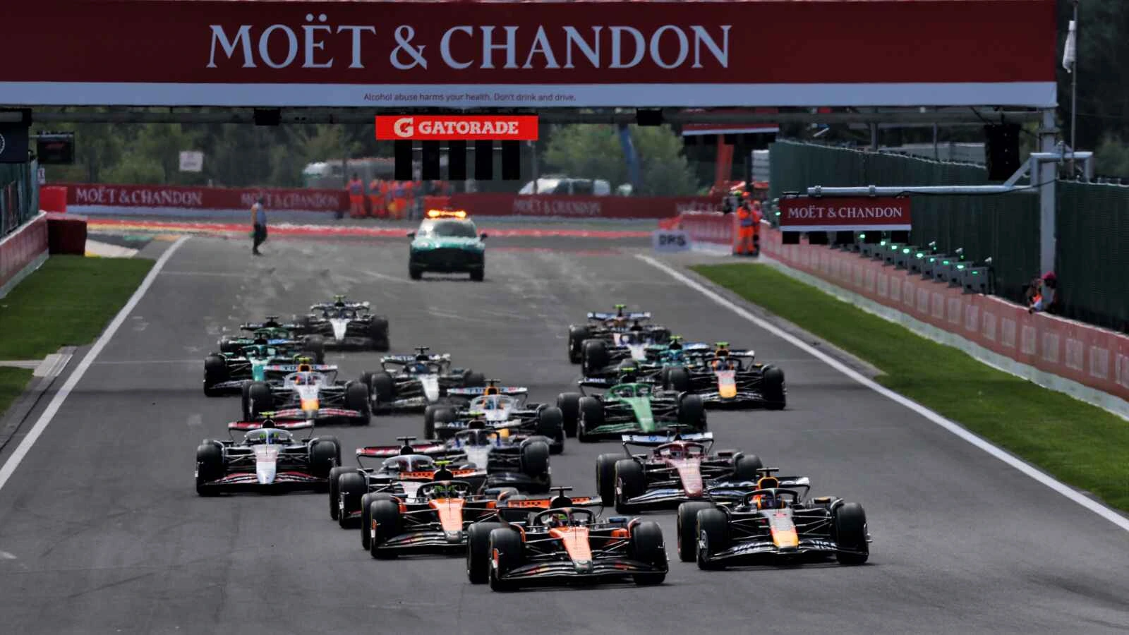 Oscar Piastri led into Turn 1 before Max Verstappen took the lead of the Belgian Sprint