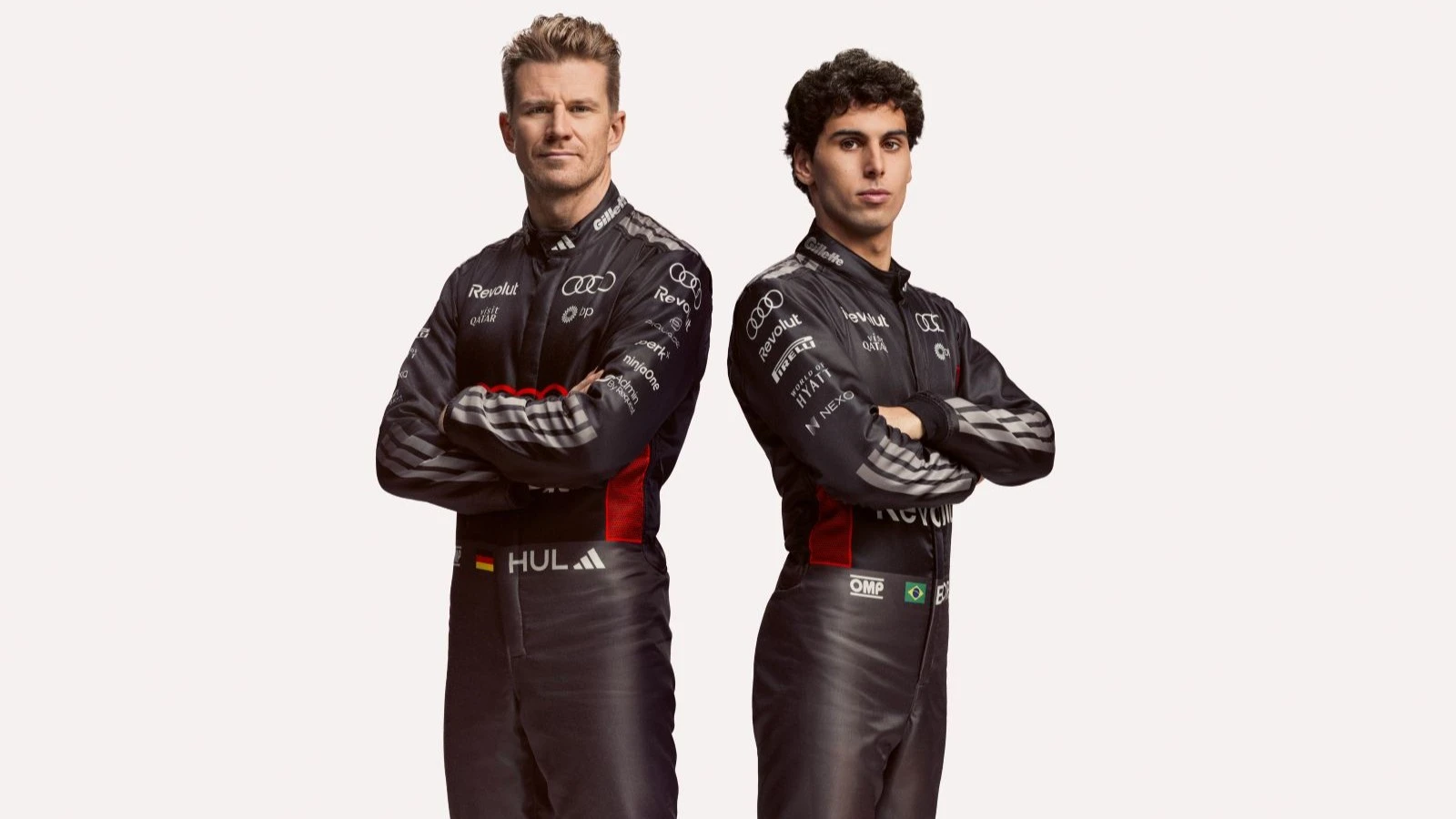 Nico Hulkenberg and Gabriel Bortoleto show off the new Audi F1 colours