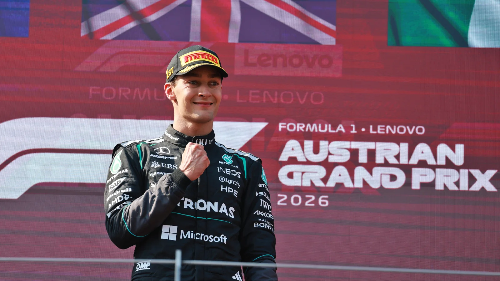 Race winner George Russell (GBR) Mercedes AMG Formula One Team celebrates on the podium. 28.06.2026. Formula 1 World Championship, Rd 8, Austrian Grand Prix, Spielberg, Austria, Race Day.