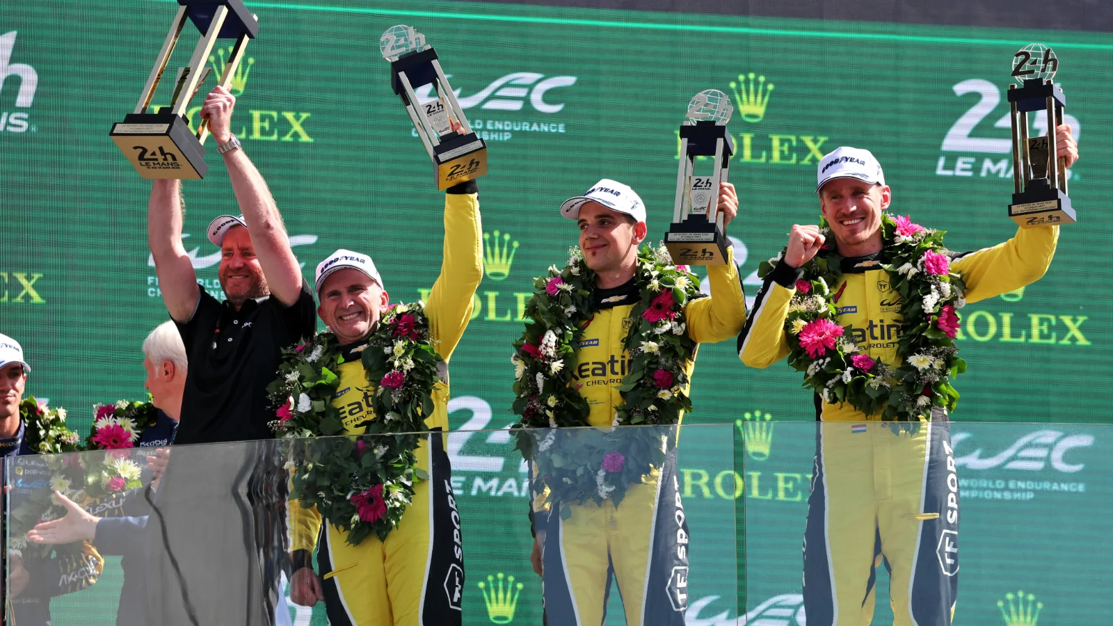LMGT3 podium: Ben Keating (USA), Jonny Edgar (GBR), Nicky Catsburg (NLD) #33 TF Sport Corvette, winners. 14.06.2026. FIA World Endurance Championship, Round 3, Le Mans 24 Hours, Race, Le Mans, France, Sunday. - www.xpbimages.com, EMail: requests@xpbimages.com © Copyright: Moy / XPB Images