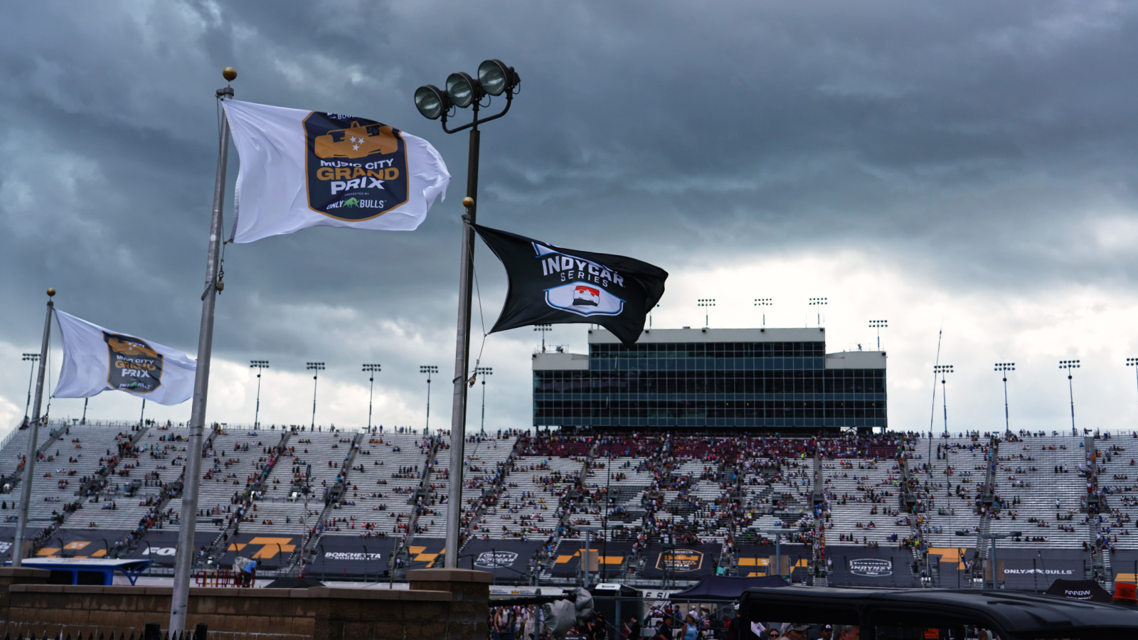 Dark clouds and lightning approach the speedway. Photo: Kevin Dejewski