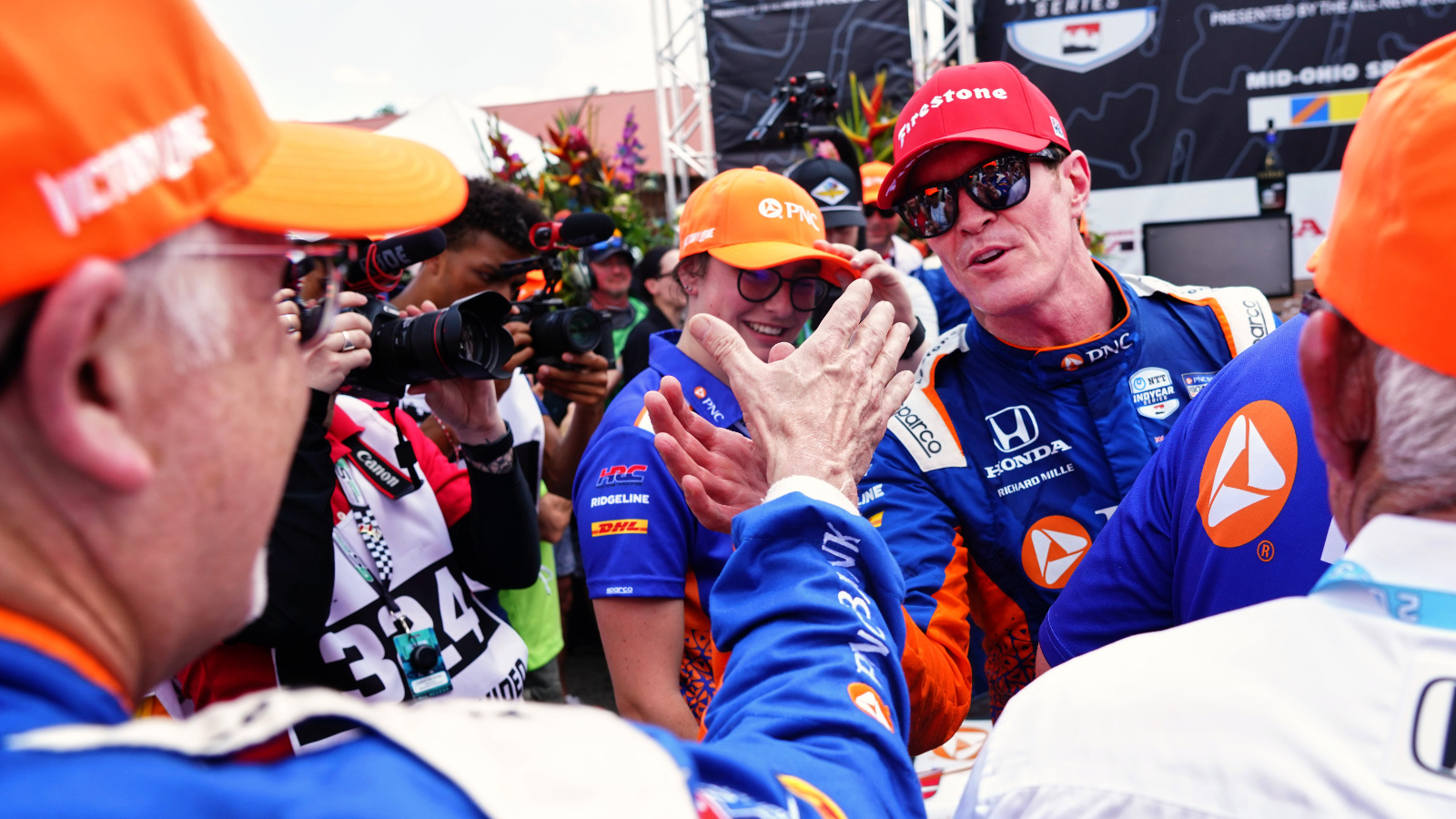 Dixon celebrates his 2025 Mid-Ohio win with his team. Photo: Kevin Dejewski