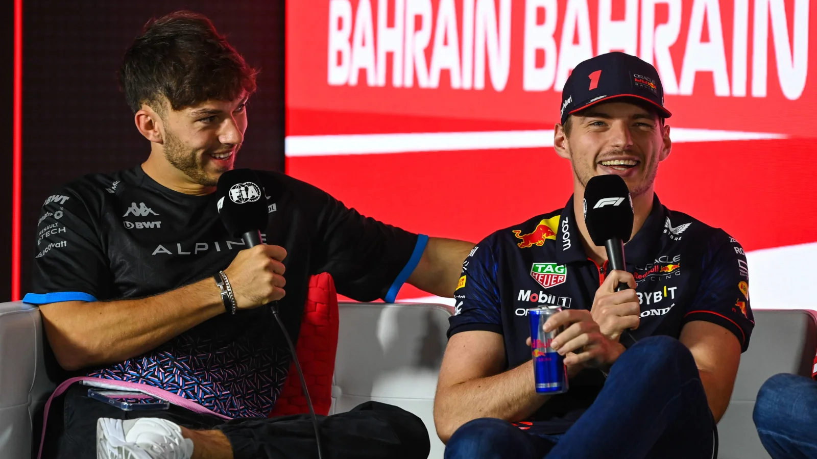 L to R): Pierre Gasly (FRA) Alpine F1 Team and Max Verstappen (NLD) Red Bull Racing in the FIA Press Conference. 02.03.2023. Formula 1 World Championship, Rd 1, Bahrain Grand Prix, Sakhir, Bahrain, Preparation Day. -