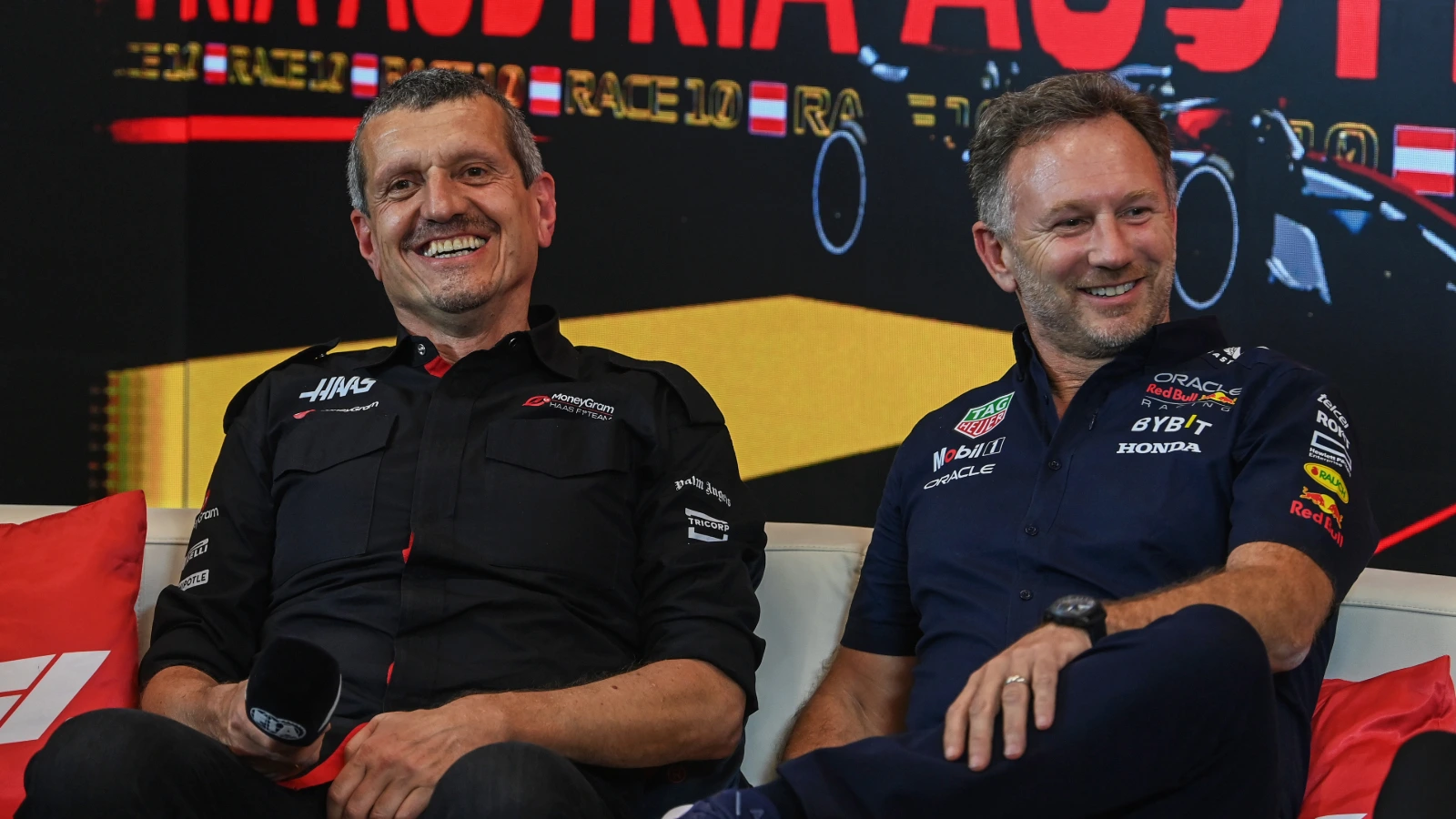 (L to R): Guenther Steiner (ITA) Haas F1 Team Prinicipal and Christian Horner (GBR) Red Bull Racing Team Principal in the FIA Press Conference. 30.06.2023. Formula 1 World Championship, Rd 10, Austrian Grand Prix, Spielberg, Austria, Qualifying Day.