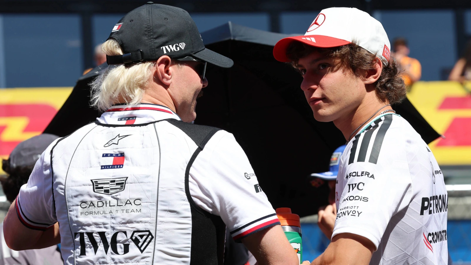 (L to R): Valtteri Bottas (FIN) Cadillac Formula 1 Team with Andrea Kimi Antonelli (ITA) Mercedes AMG Formula One Team on the drivers