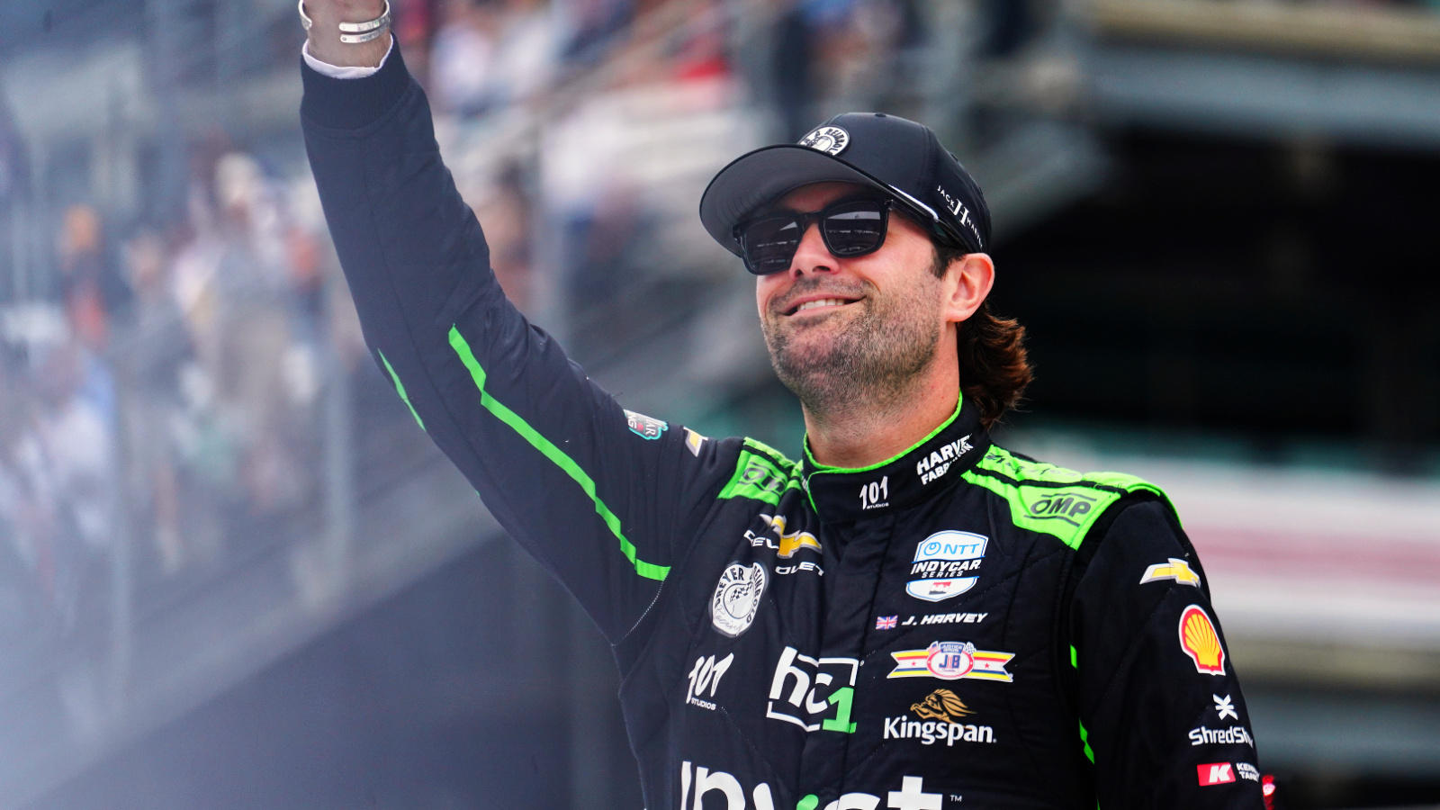 Jack Harvey waves to the crowd ahead of the 2026 Indianapolis 500. Photo: Kevin Dejewski